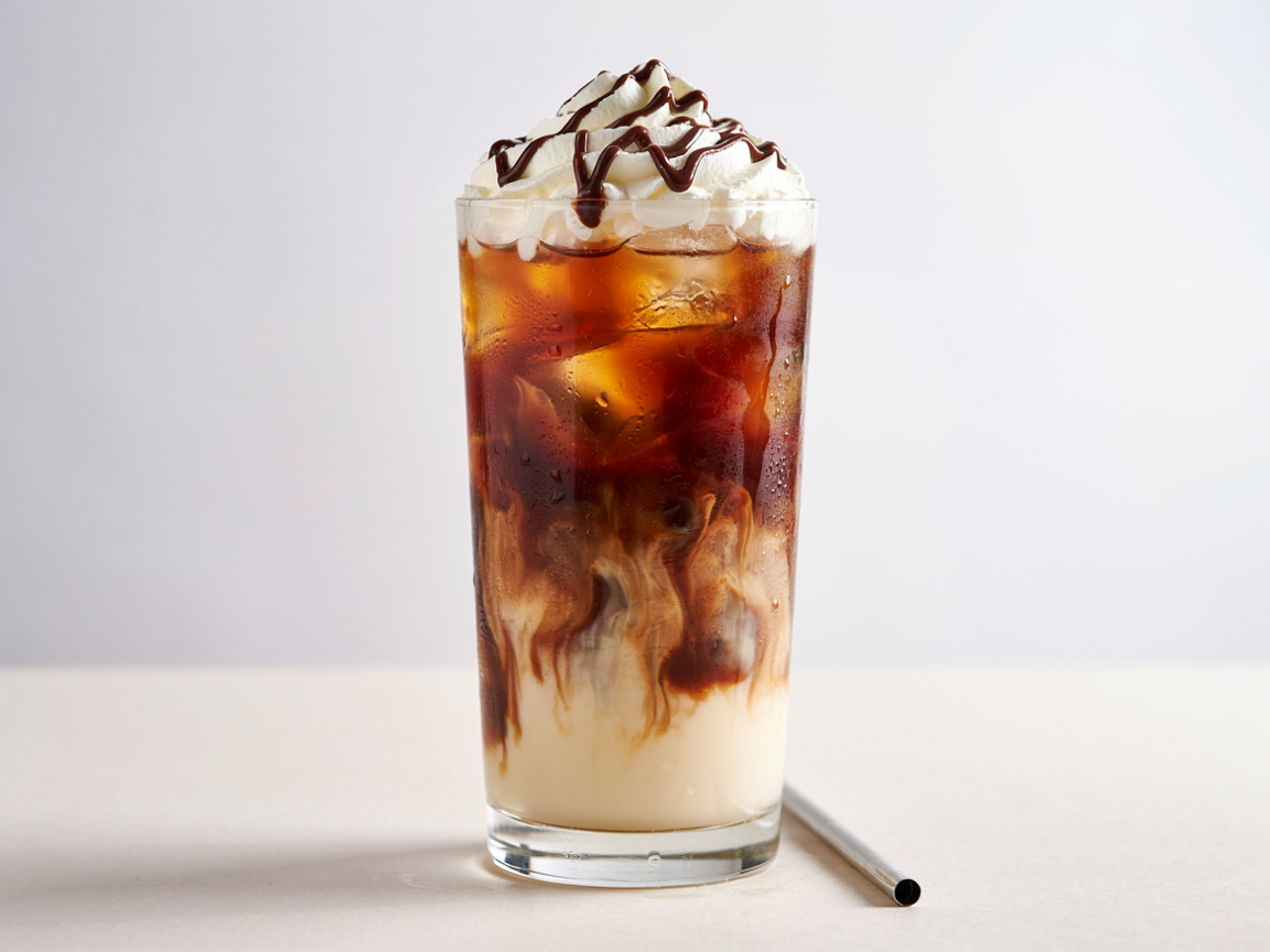 Tall glass of iced mocha latte with ice cubes, cold milk swirling through dark chocolate coffee and whipped cream on top