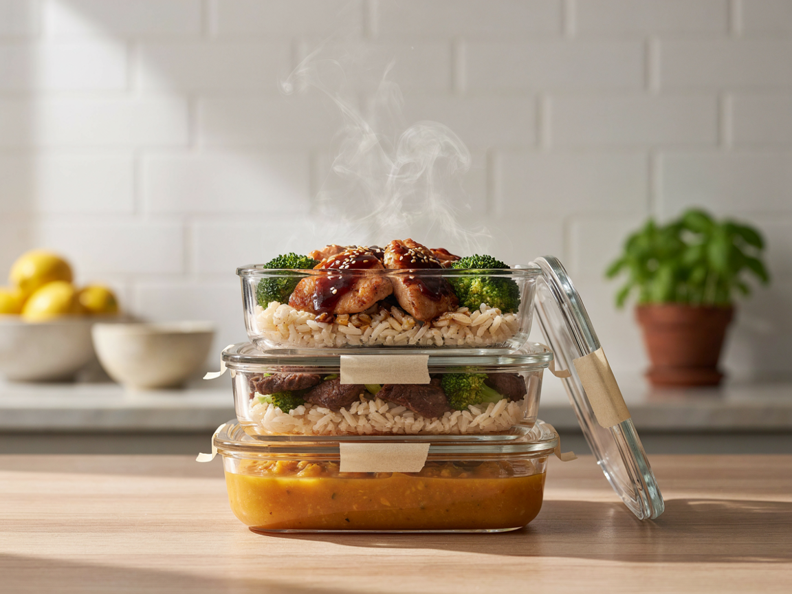 Three single-serve glass meal prep containers stacked on a counter: teriyaki chicken with rice and broccoli, beef and broccoli, and red lentil dal