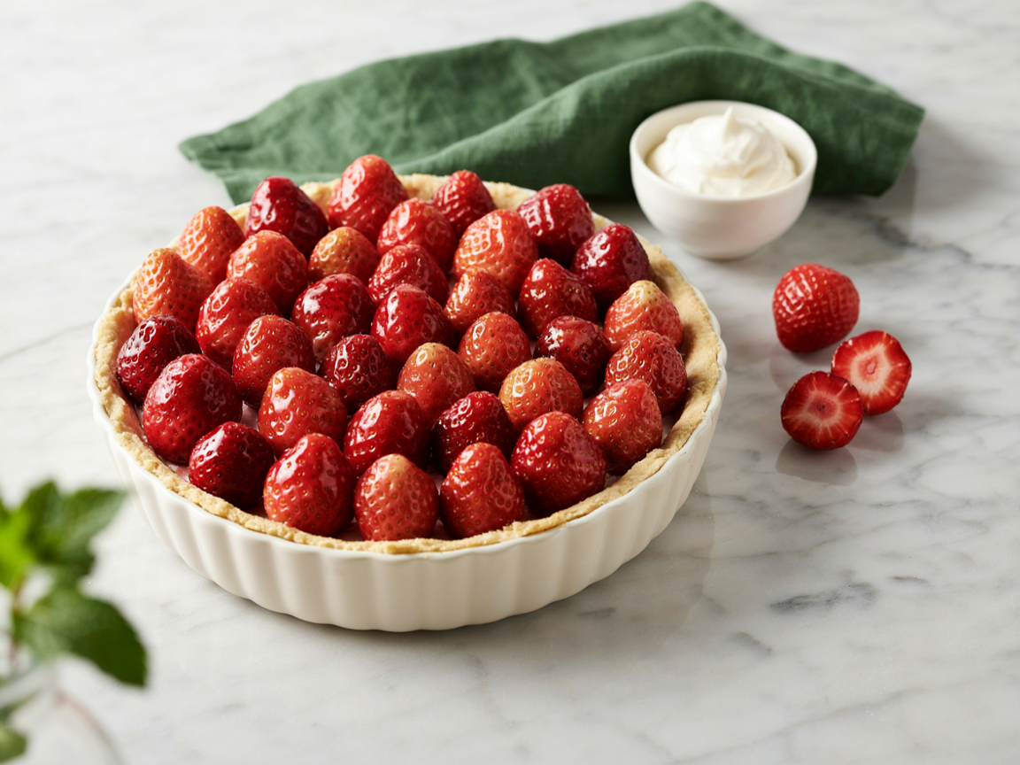 A whole fresh strawberry pie with glossy red glaze over whole berries in a pale crust