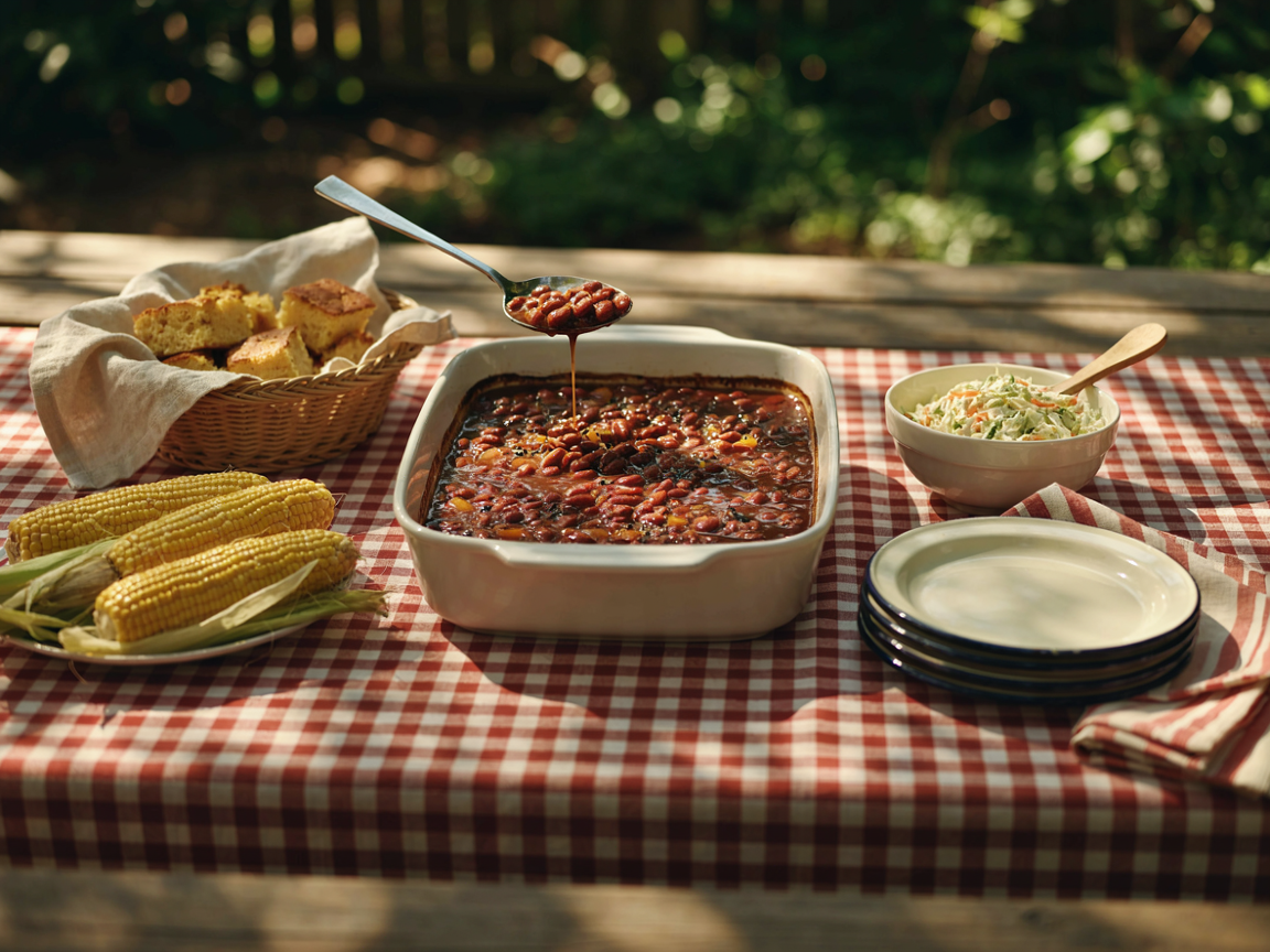 Baking dish of cowboy beans on a checked potluck table with cornbread, corn on the cob, coleslaw and plates