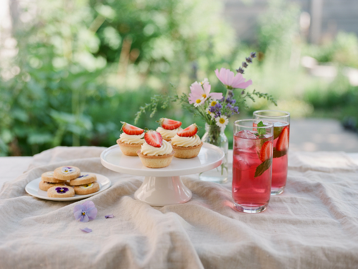 Individual strawberry tartlets and glasses of pink iced tea on a garden table with flowers