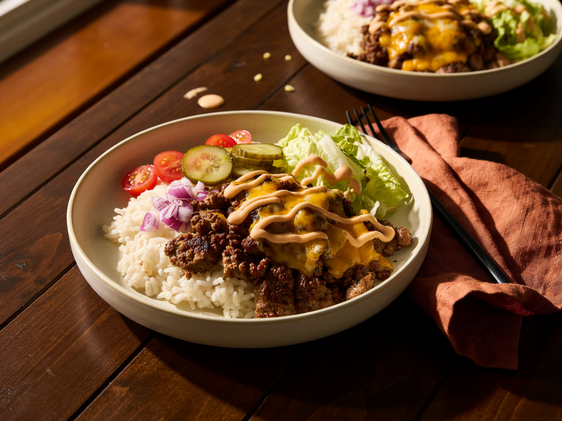 A turkey burger bowl with seasoned ground turkey, melted cheddar, tomatoes, pickles and burger sauce over rice
