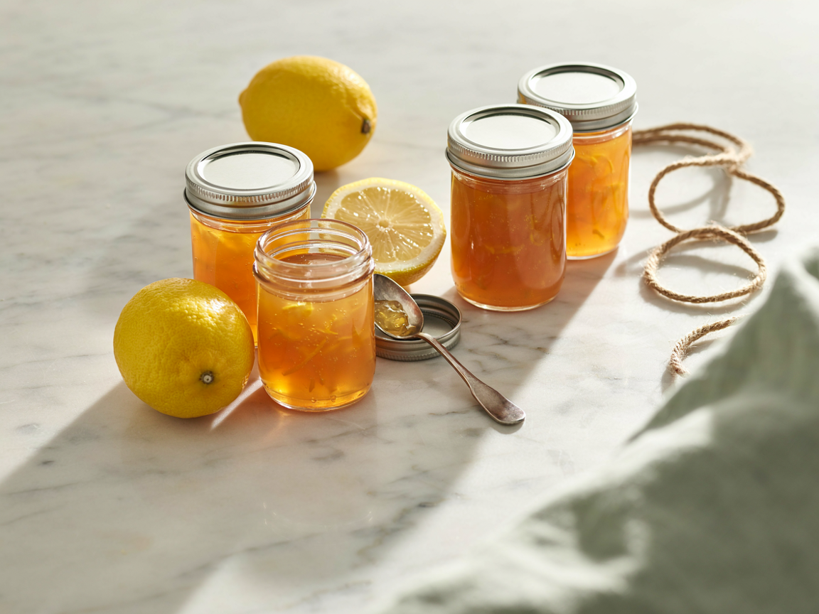 Three jars of golden homemade lemon marmalade with visible shreds of peel, beside sliced lemons on a pale counter