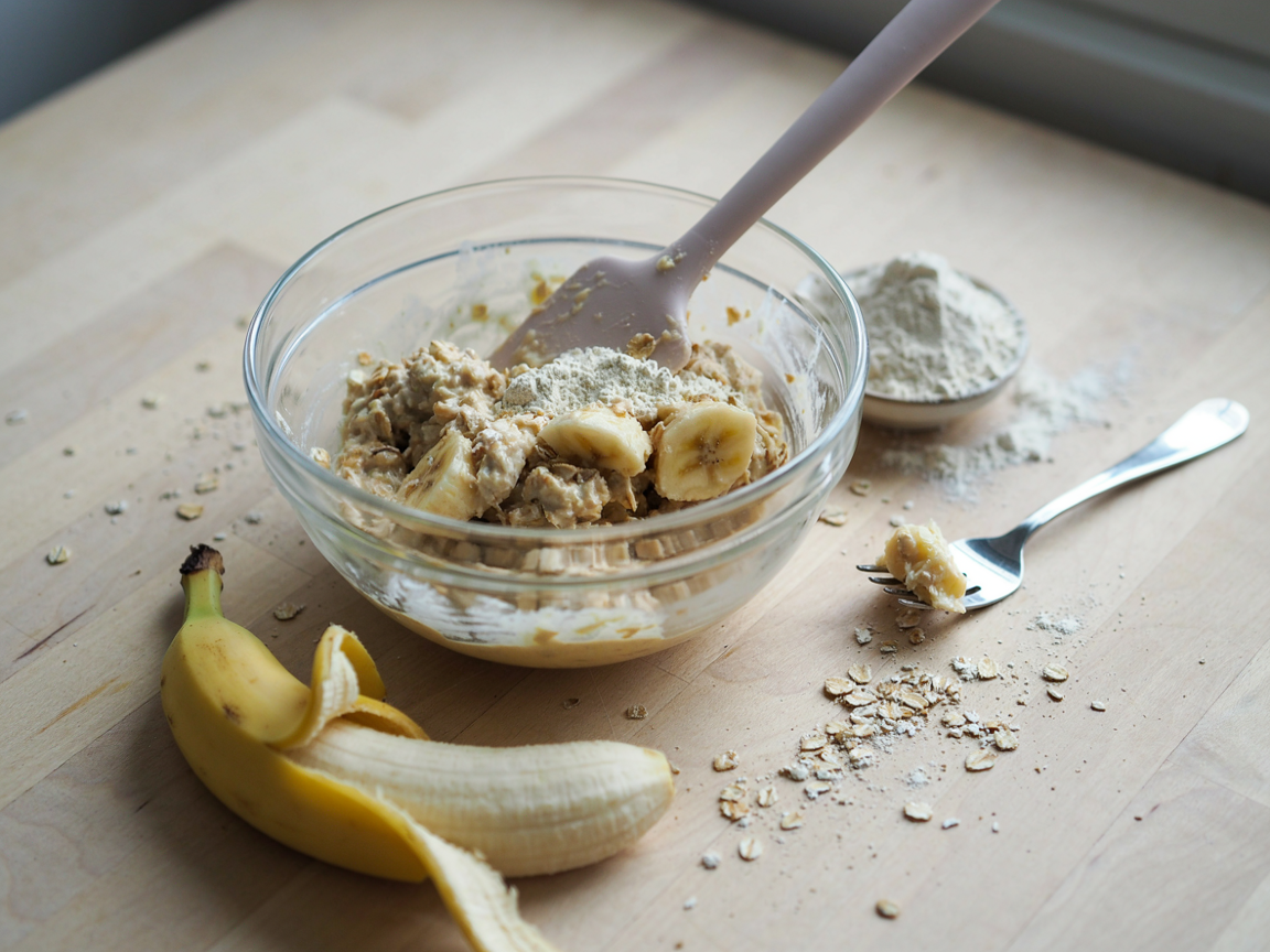 A mixing bowl of banana protein ball mixture with oats and protein powder being folded together with a spatula