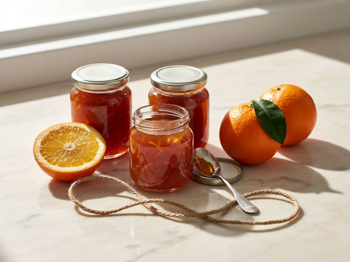 Orange marmalade spread thickly on buttered toast beside an open jar and a spoon on a pale plate