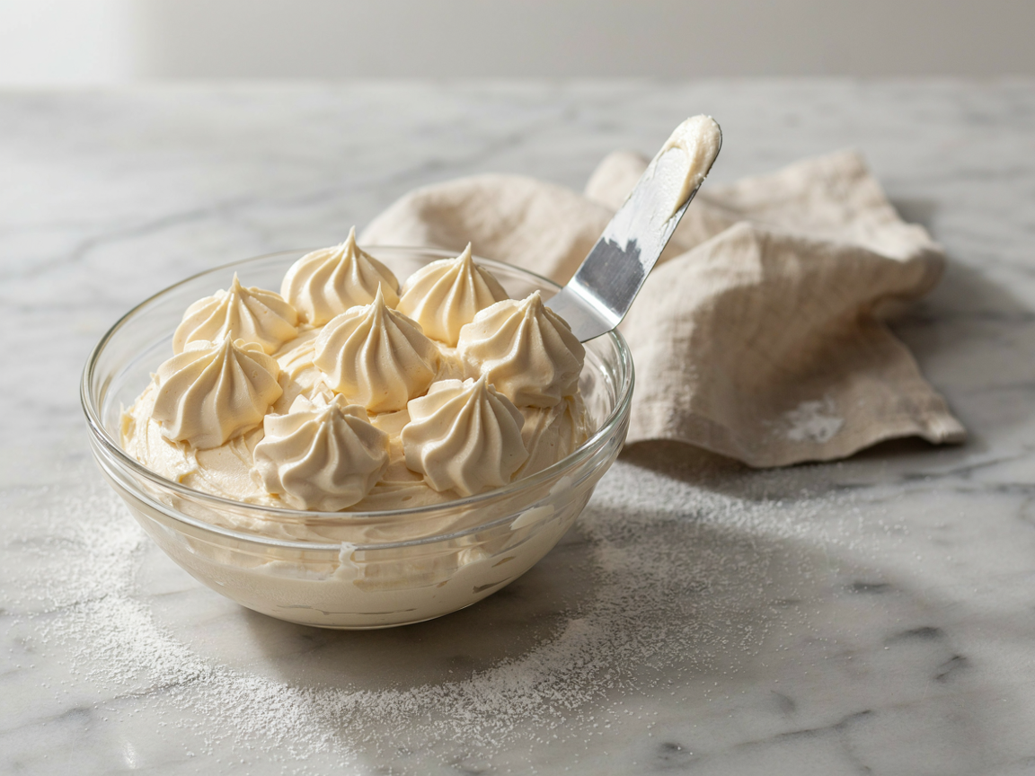 Bowl of thick swirled cream cheese buttercream frosting holding sharp defined ridges with a palette knife beside it