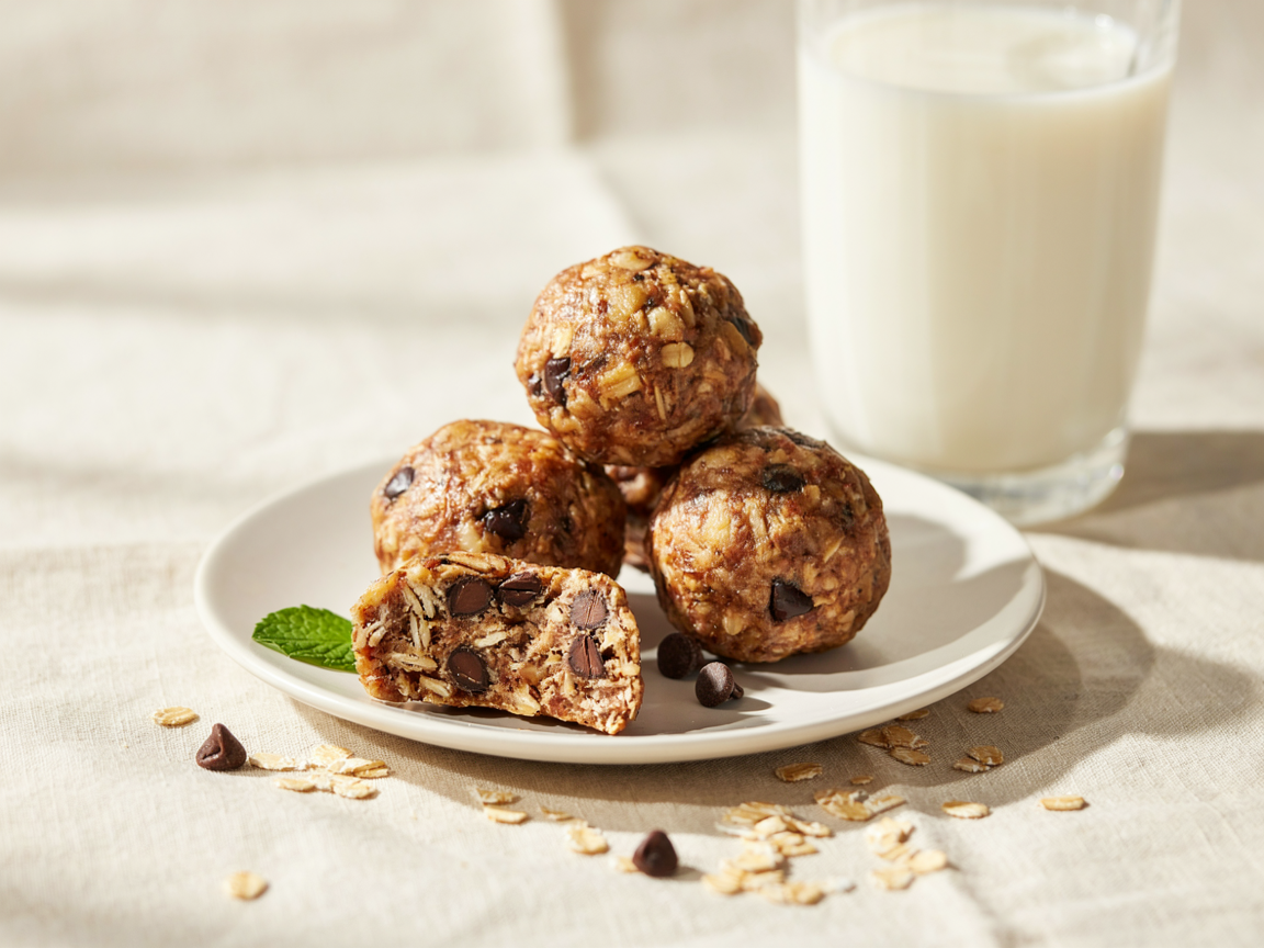 A tray of no-bake banana protein balls rolled and chilling, some coated in oats and some in chocolate chips