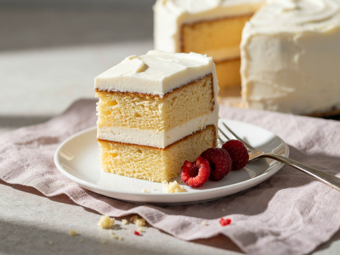 A slice of sugar free birthday cake on a plate showing two pale layers with thick white cream cheese frosting between them