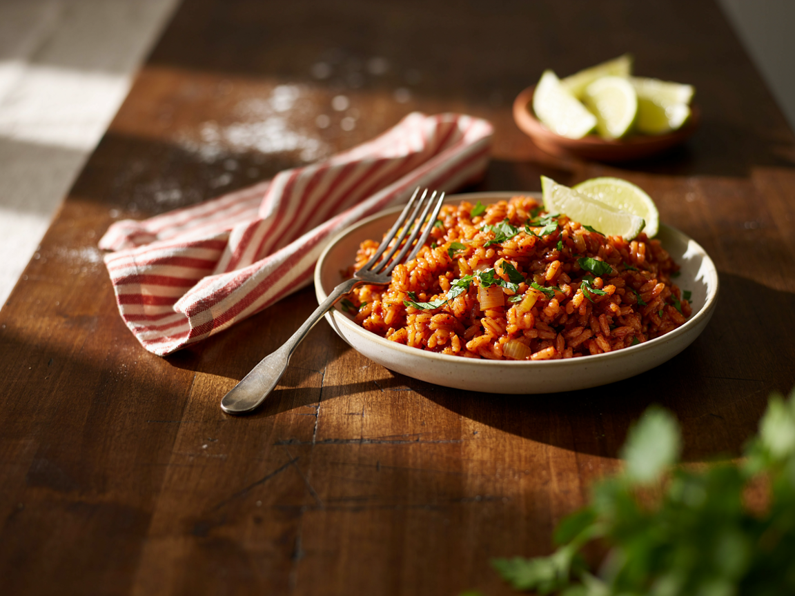 A bowl of finished Spanish rice with separate red grains, coriander and a lime wedge on a wooden table