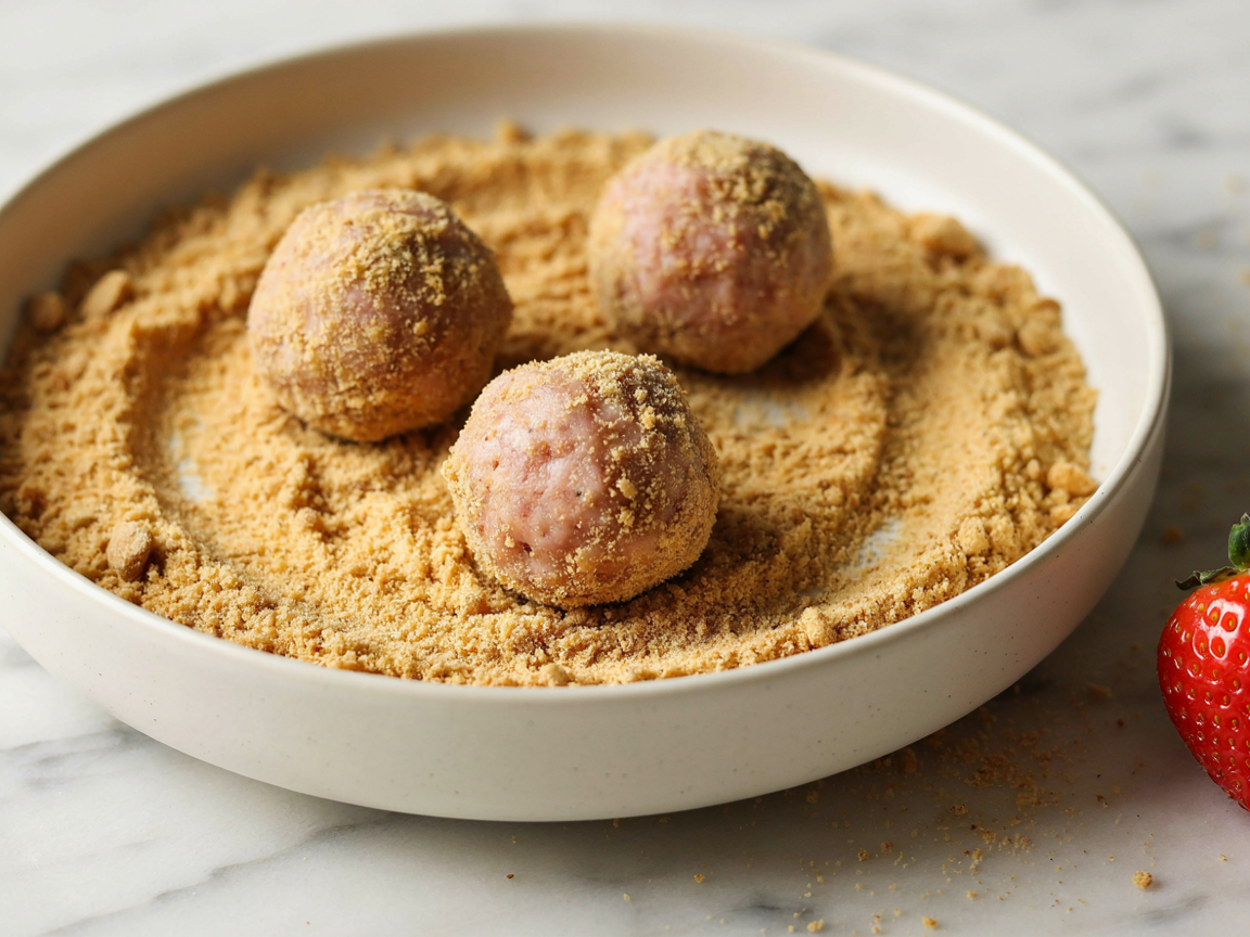 Protein balls being rolled through a shallow bowl of golden graham cracker crumbs