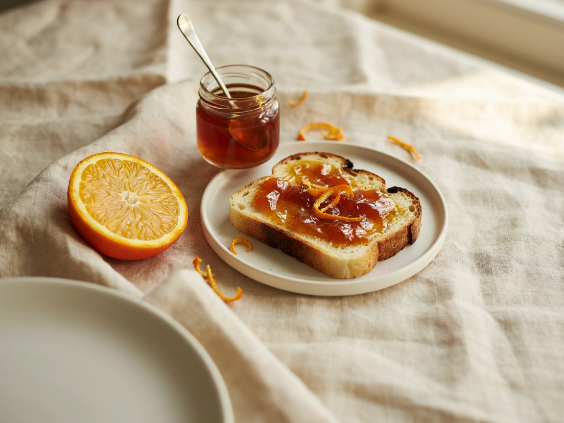 Three jars of deep amber orange marmalade with visible shreds of peel beside whole and halved oranges