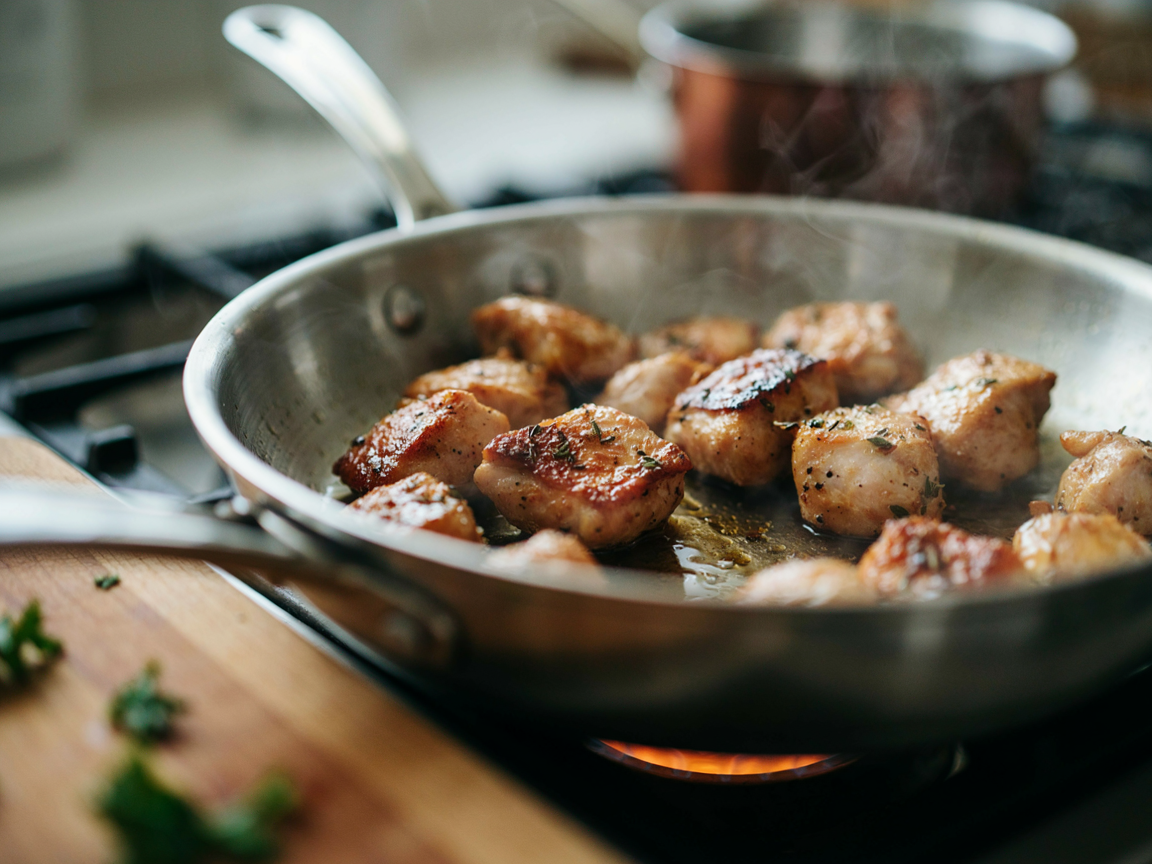 Crispy golden seared chicken thigh cubes in a skillet for creamy garlic ramen