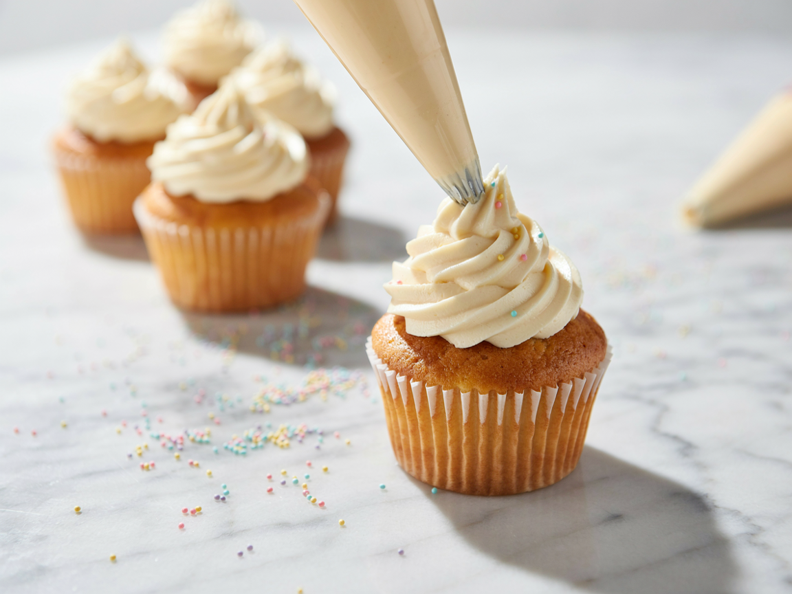 Piping bag with a star tip piping a tall swirl of cream cheese frosting onto a cupcake without slumping