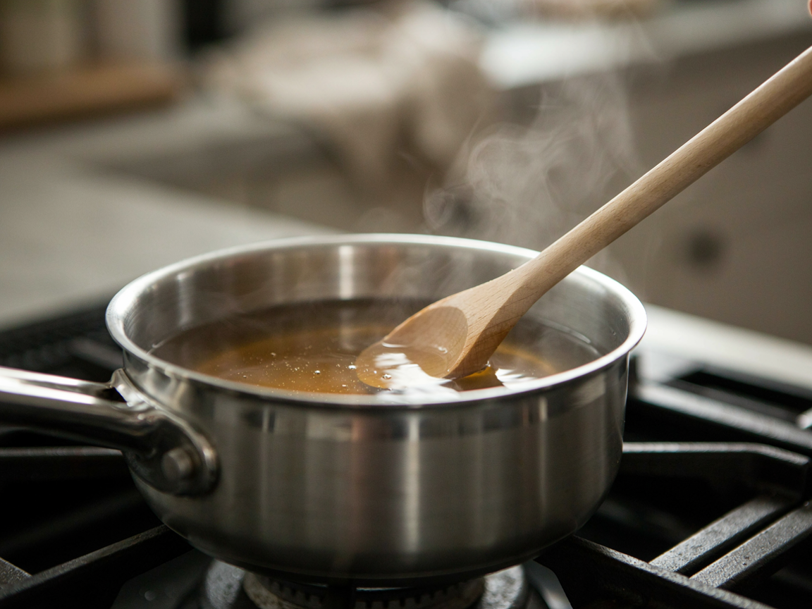 Simple syrup base being stirred in a saucepan for homemade coffee syrup