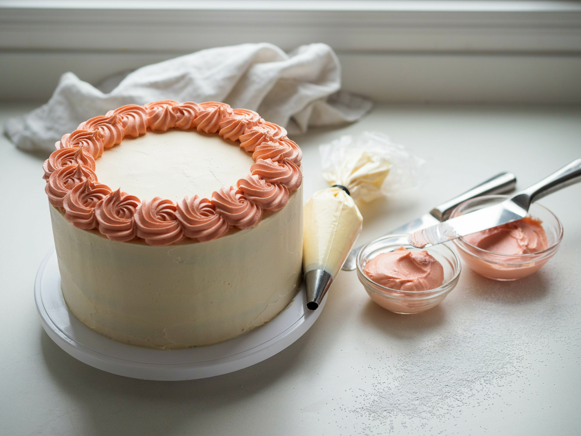Cake on a turntable with a half-finished ring of peach buttercream rosettes and a piping bag with a large star tip