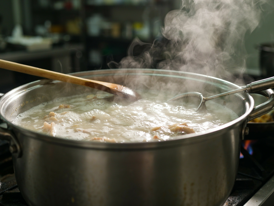 Large stockpot of ramen broth at a hard rolling boil, turned opaque milky white with chicken bones below the surface