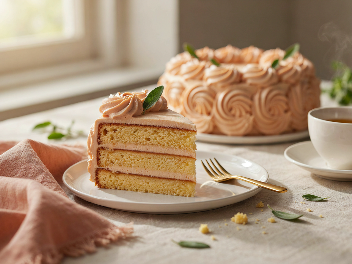 Slice of vanilla layer cake with buttercream filling and a peach rosette on top, on a white plate with a gold fork
