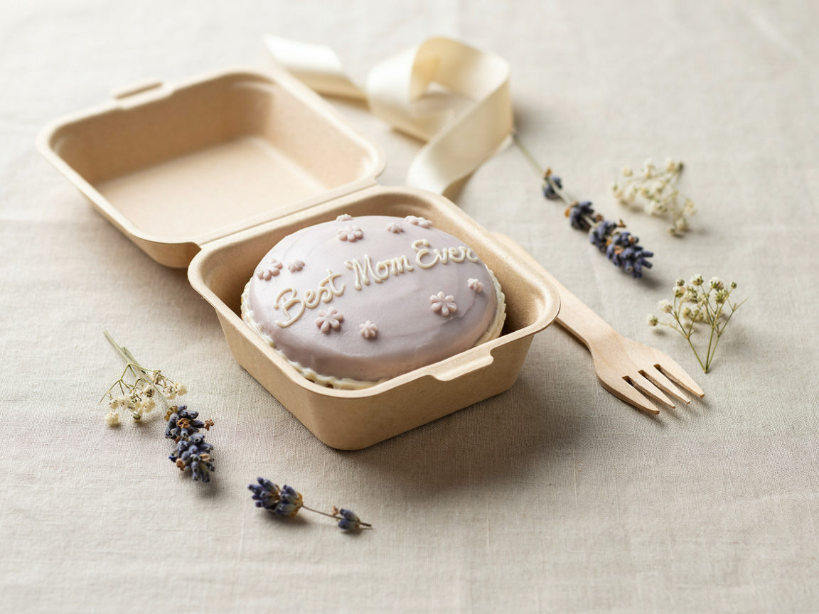 Small lavender bento cake in a kraft box with Best Mom Ever piped on top, a wooden fork and dried flowers