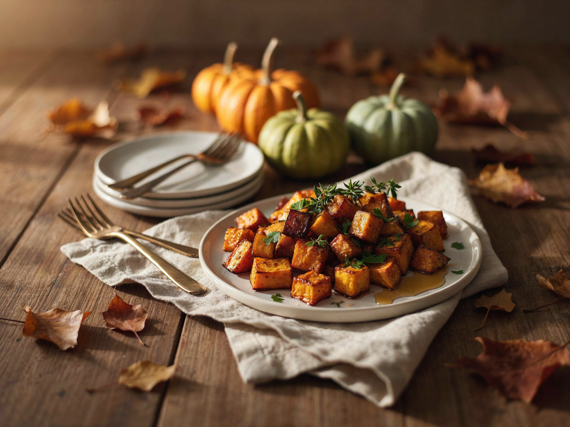 Roasted butternut squash and sweet potatoes served in a white dish on a cosy autumn table with linen and brass forks