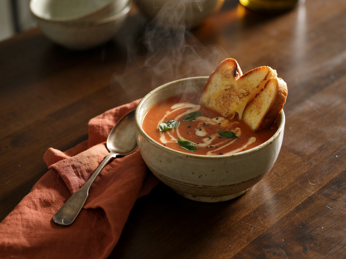 Overhead bowl of silky orange-red tomato soup with a cream spiral, olive oil beads, torn basil and cracked pepper