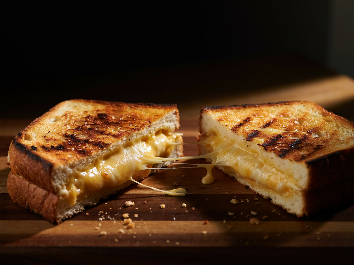 Grilled cheese sandwich cut in half with the two halves pulled apart showing long stretched strands of melted cheese