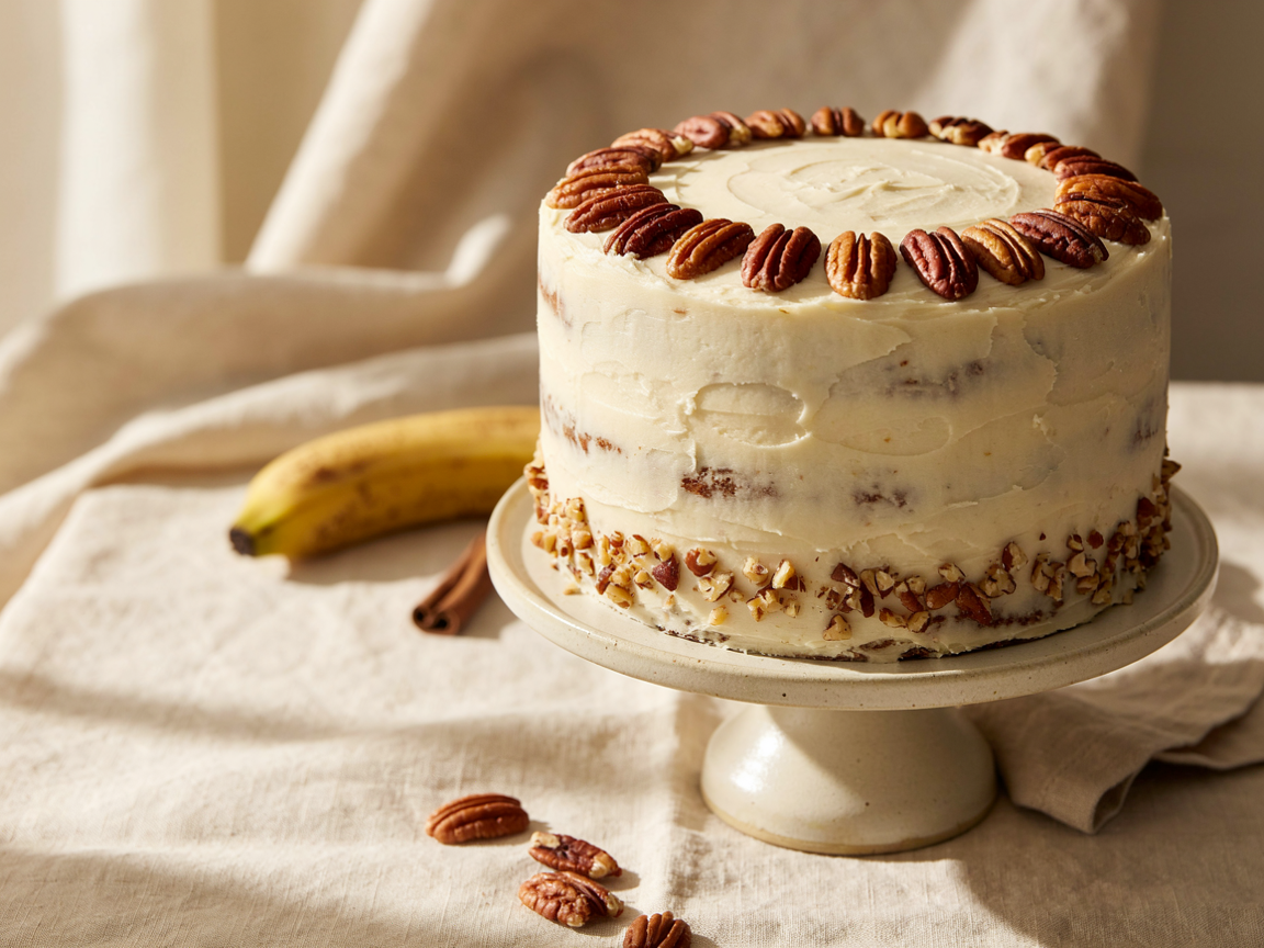 A three-layer hummingbird cake with cream cheese frosting and pecan halves arranged on top, on a pale cake stand