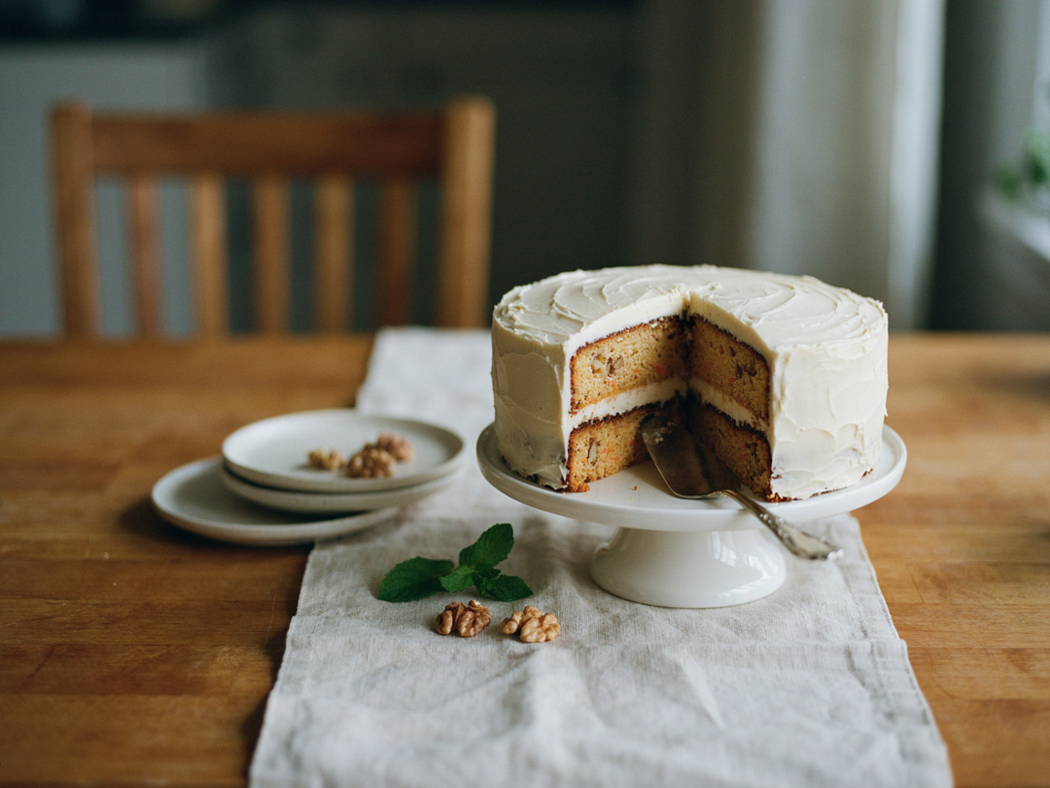 Two-layer carrot cake frosted with cream cheese buttercream on a white cake stand with one slice pulled forward