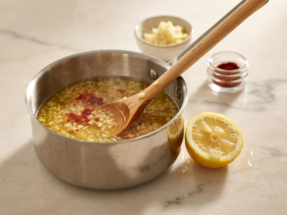 Garlic butter sauce in a small saucepan with minced garlic, paprika and lemon, being stirred with a wooden spoon