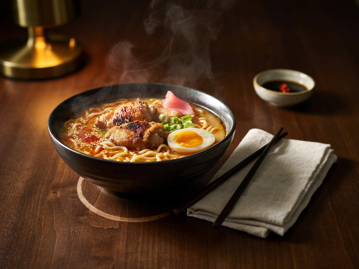 Moody cozy bowl of spicy fiery chicken ramen with creamy garlic sauce on a wooden table with chopsticks and steam
