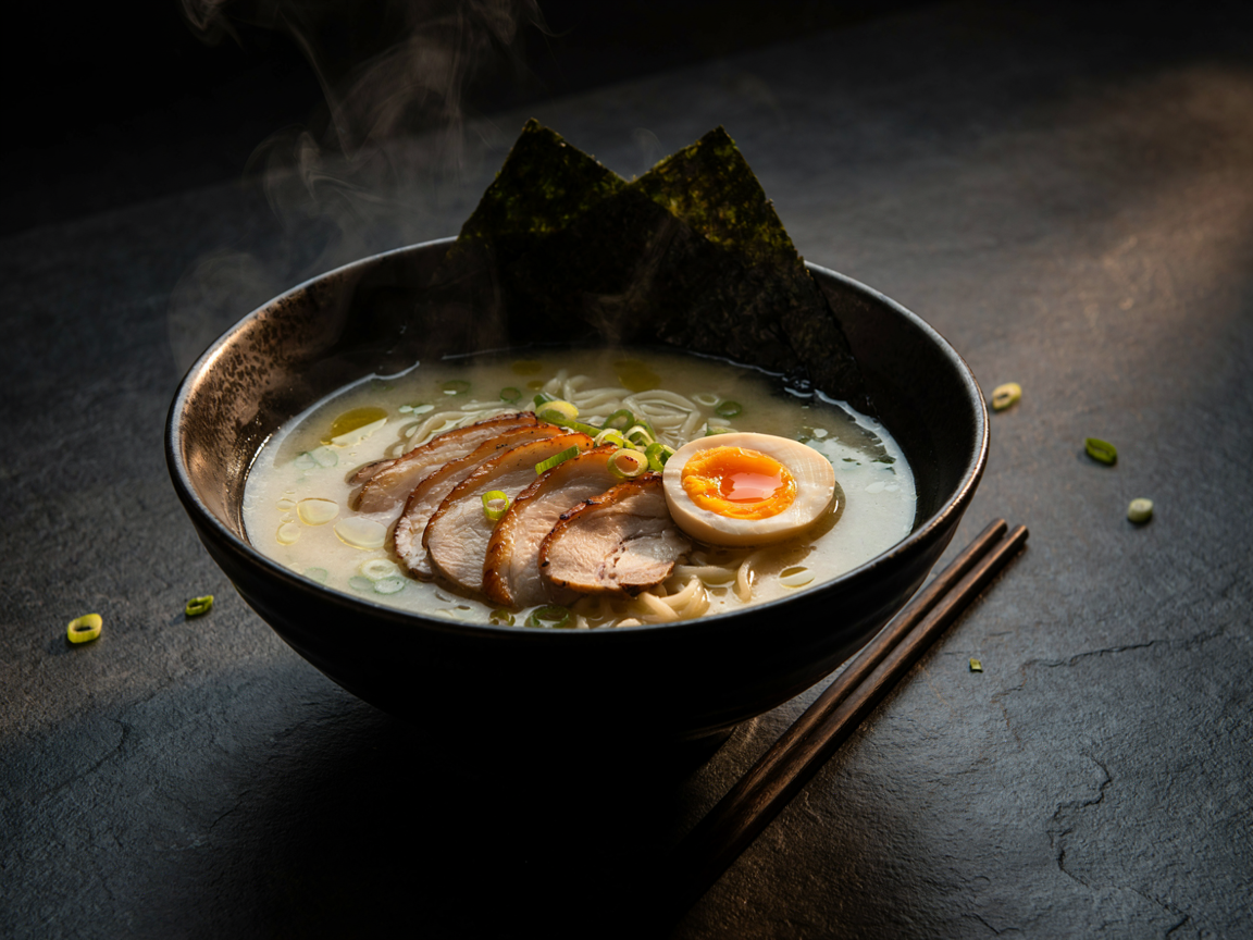 Dark ramen bowl of creamy pale chicken paitan broth with sliced chicken chashu, marinated egg, spring onion and nori