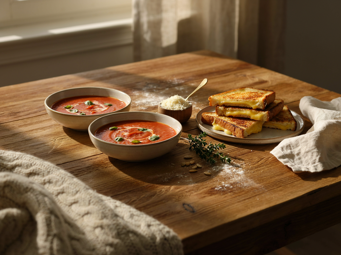 Cosy autumn lunch table set with two bowls of tomato soup, a plate of grilled cheese halves and a linen napkin