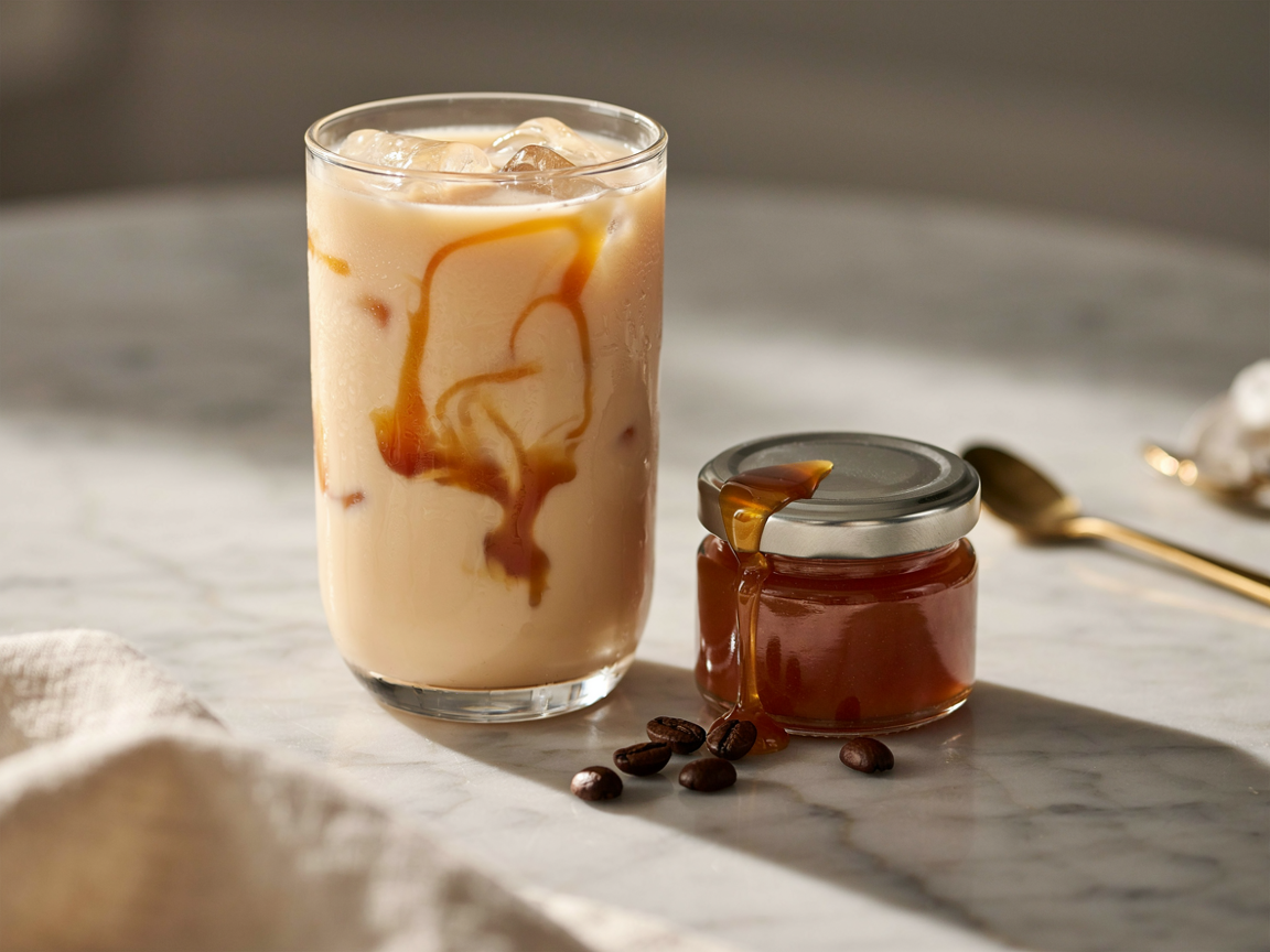 Caramel coffee syrup being poured into an iced latte