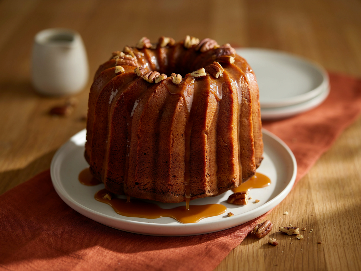 Golden monkey bread turned out onto a plate with caramel running down the sides and toasted pecans on top