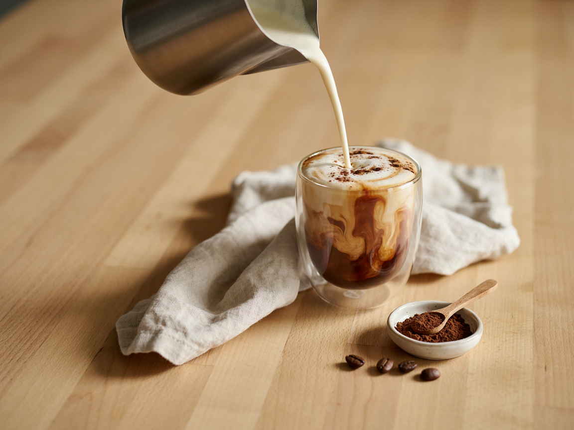 Tall glass mug of homemade mocha latte topped with whipped cream and a dusting of cocoa on a warm wooden counter