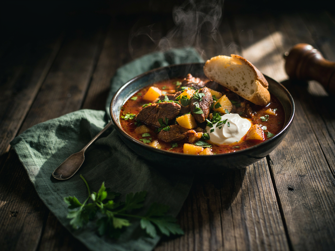 Deep bowl of Hungarian goulash with tender beef, golden potato and parsley in a russet paprika broth