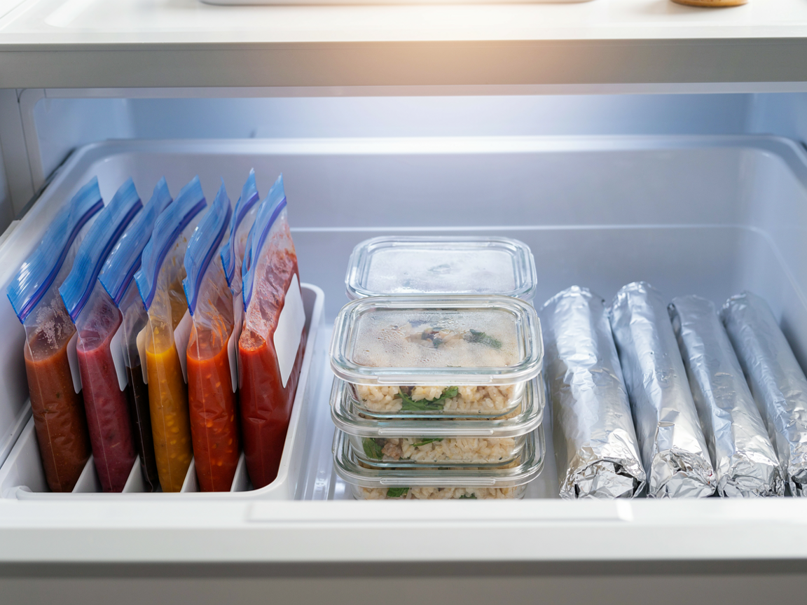 Organised freezer drawer with soup bags frozen flat and standing upright, stacked single-serve glass containers and foil-wrapped burritos