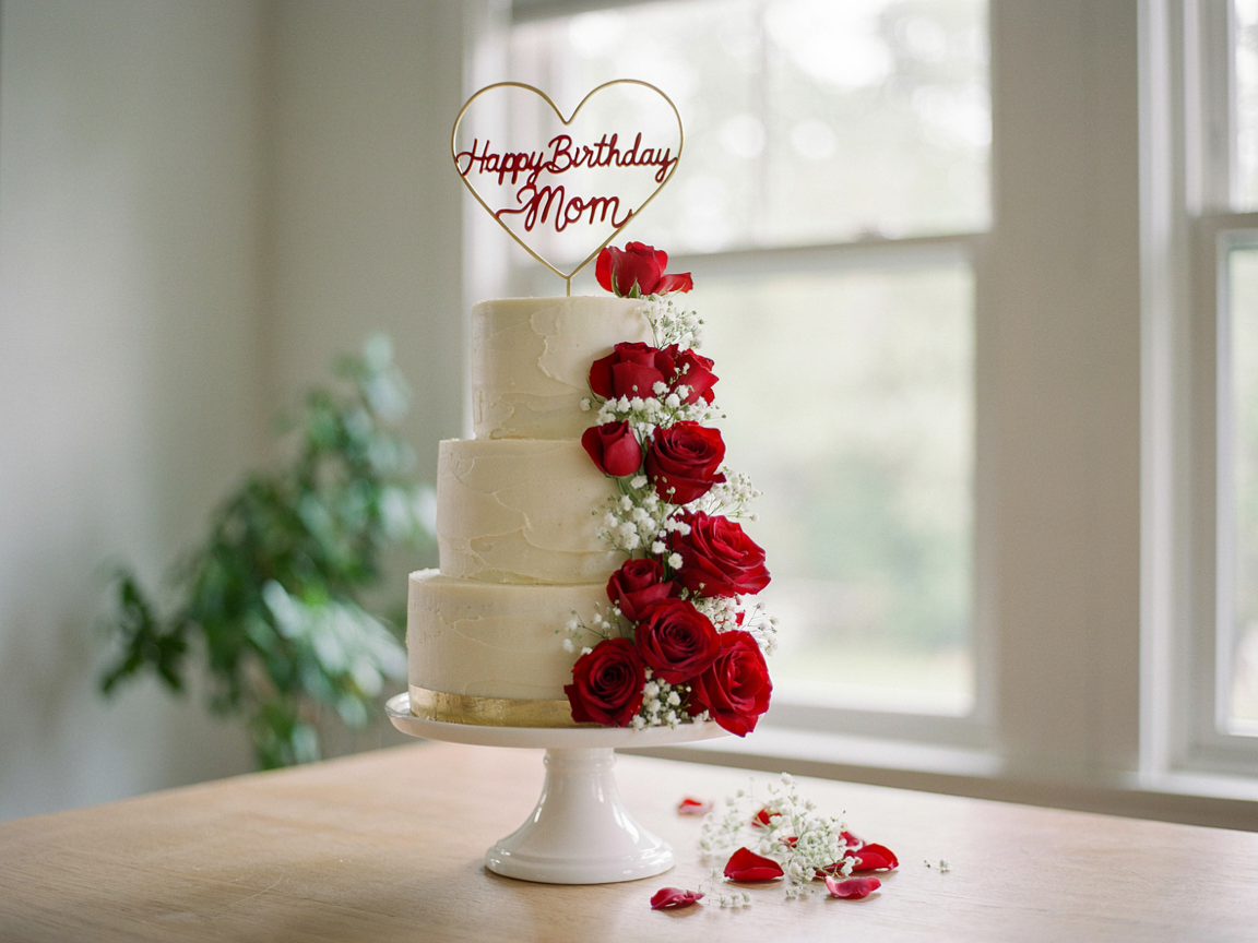 Tall cream birthday cake with cascading red roses and a gold heart topper reading Happy Birthday Mom