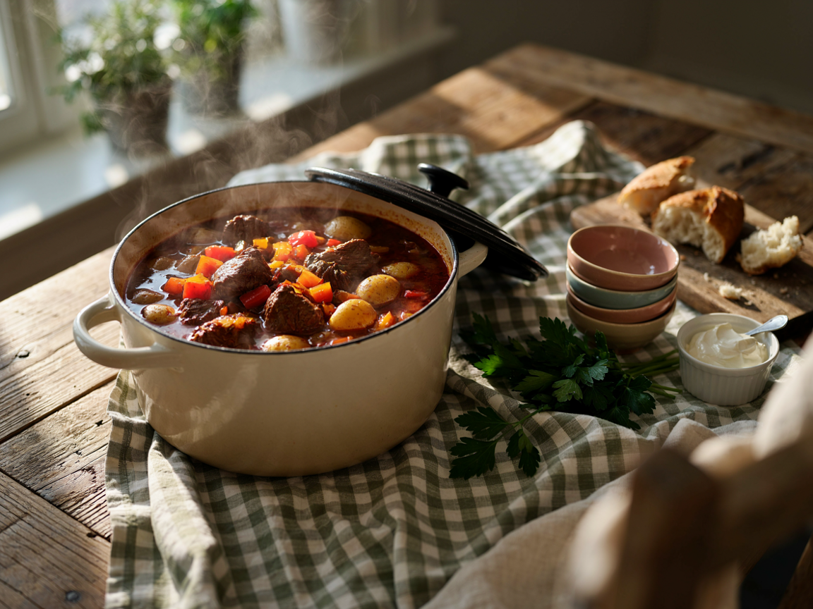 Large enamelled cast iron pot of finished Hungarian goulash on a wooden table with bread, bowls and sour cream