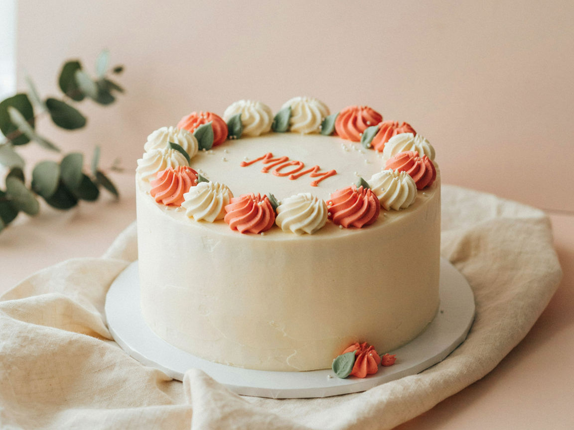Ivory buttercream birthday cake with a ring of peach and coral rosettes, sage leaves and MOM piped in coral on top