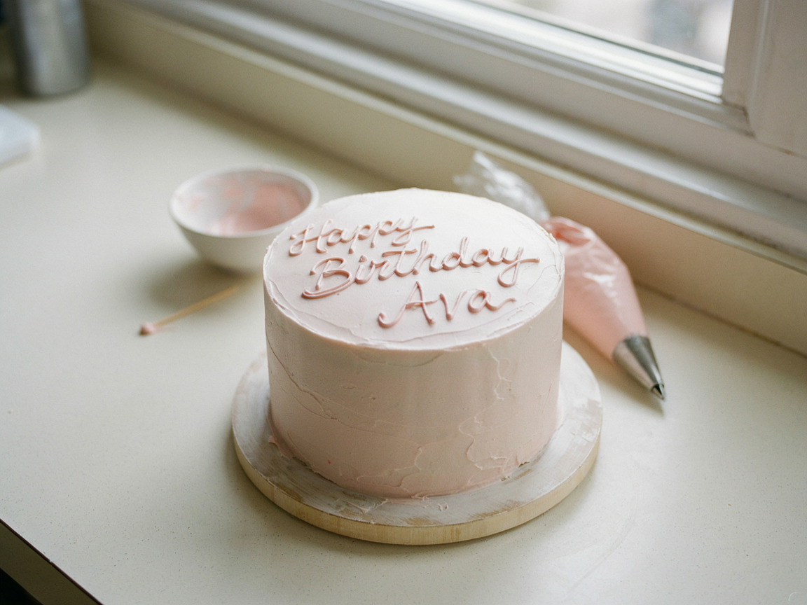 Pale pink cake with Happy Birthday Ava piped in pink script, beside a piping bag and a small bowl of icing