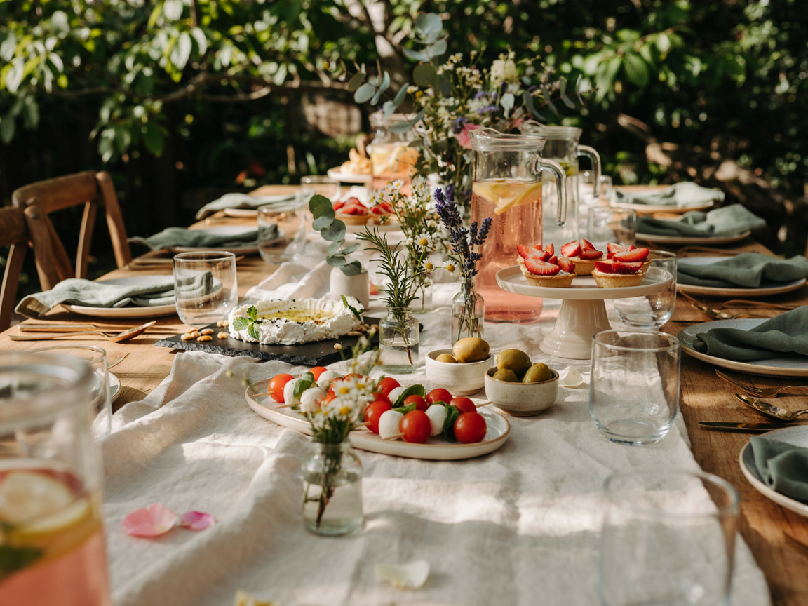 A garden party table set with platters of food, flowers and glassware under soft afternoon light