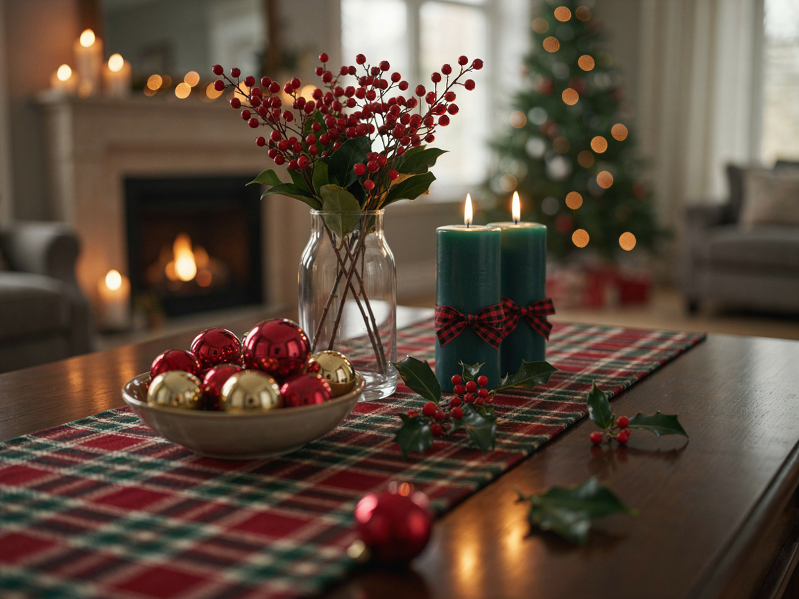 Traditional red and green Christmas coffee table decor