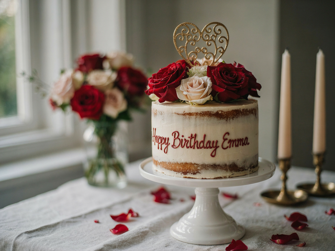 White birthday cake with red and ivory roses, a gold heart topper and Happy Birthday Emma piped in red script