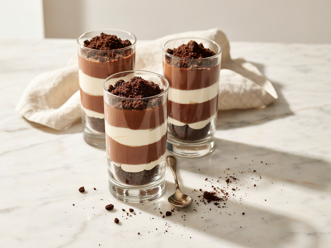 Layered Oreo dirt pudding cups in clear glasses showing cookie crumb, chocolate pudding and whipped cream layers