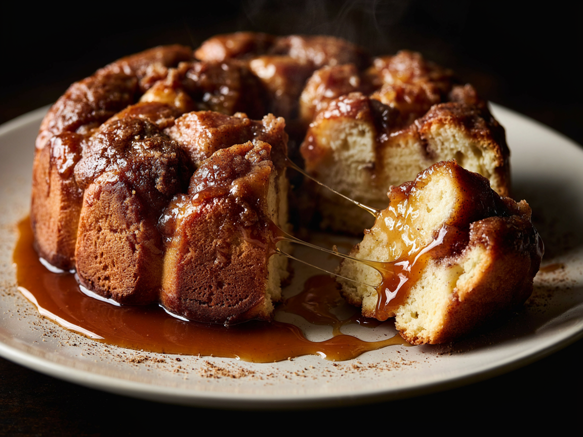 Hand pulling a sticky caramel-coated piece away from a warm monkey bread on a serving plate