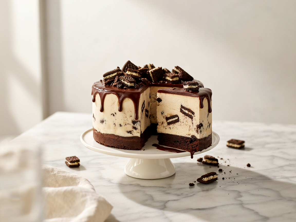 Frozen brownie Oreo ice cream cake with chocolate ganache drip