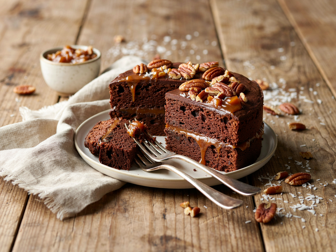 Sugar-free German chocolate cake with sticky coconut-pecan filling