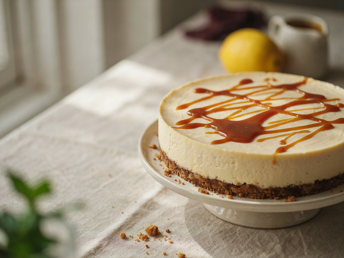 A whole no-bake cheesecake on a biscuit base with a smooth pale filling and caramel drizzled over the top