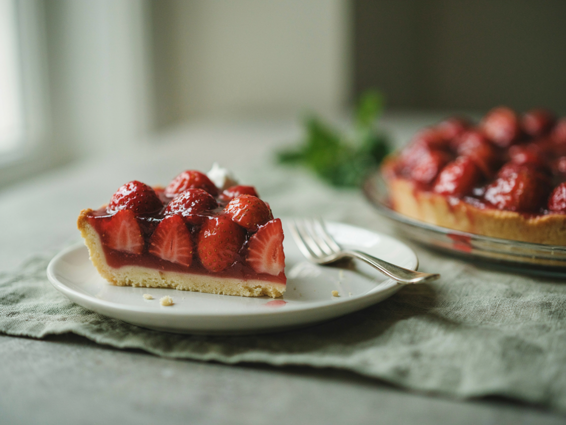 A cut slice of fresh strawberry pie on a plate showing whole berries set in clear red glaze