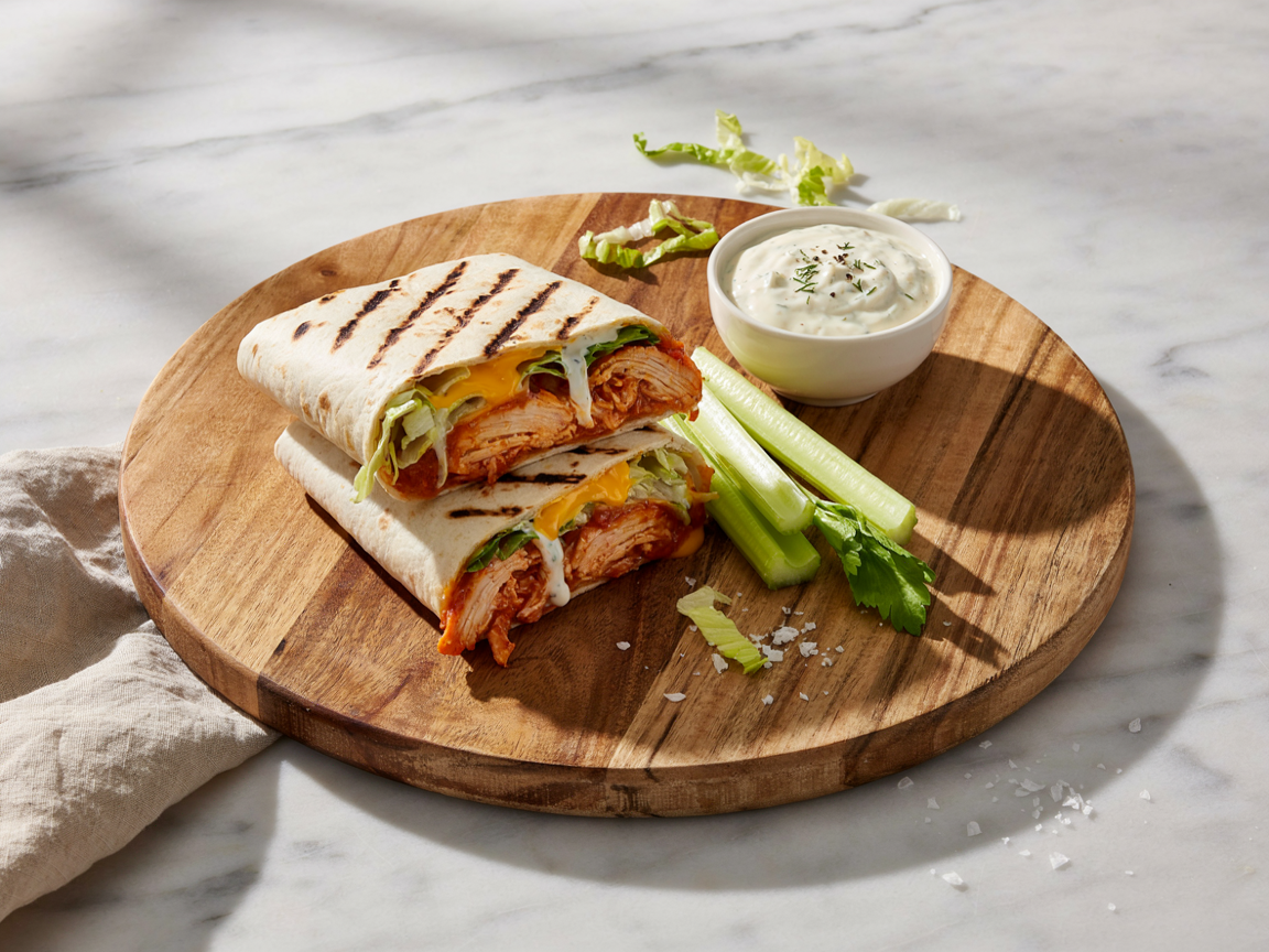 High-protein buffalo chicken wrap cut in half with shredded buffalo chicken, cheese and ranch